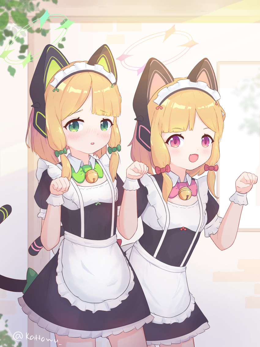 2girls absurdres animal_ear_headphones animal_ears apron asymmetrical_bangs bell black_dress blonde_hair blue_archive blush bow bowtie breasts cat_ear_headphones dress fake_animal_ears fake_tail fang frilled_cuffs green_bow green_bowtie green_eyes green_halo hair_bow halo hands_up headphones highres jingle_bell kattowu looking_at_viewer low-tied_sidelocks maid maid_apron maid_headdress midori_(blue_archive) midori_(maid)_(blue_archive) momoi_(blue_archive) momoi_(maid)_(blue_archive) multiple_girls neck_bell official_alternate_costume open_mouth paw_pose pink_bow pink_bowtie pink_eyes pink_halo puffy_short_sleeves puffy_sleeves short_hair short_sleeves siblings simple_background sisters small_breasts smile tail twins white_apron