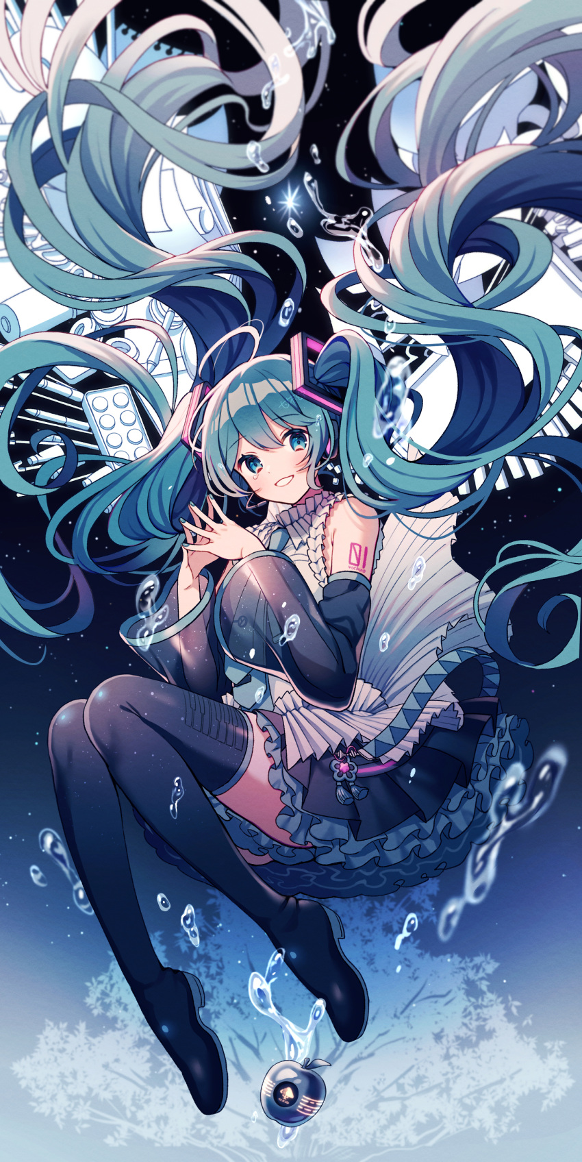 1girl absurdres amagi_hana apple black_footwear black_skirt black_sleeves blue_background boots bubble commentary_request crayon detached_sleeves food frilled_skirt frills fruit full_body gradient_background green_eyes green_hair grey_shirt hatsune_miku highres long_hair looking_at_viewer number_tattoo paint_tube palette_(object) paper see-through see-through_sleeves shirt shoulder_tattoo skirt smile solo steepled_fingers tattoo tearing_up thigh_boots tree twintails very_long_hair vocaloid