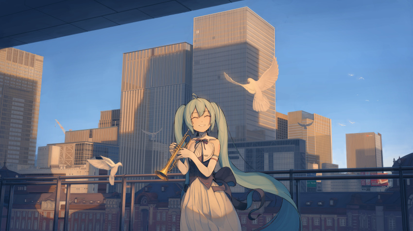 1girl :d absurdres ahoge back_bow balcony bare_shoulders bird black_bow black_ribbon blue_hair blue_sky bow building cityscape clear_sky closed_eyes commentary_request cowboy_shot crane_(machine) dot_nose elbow_gloves evening floating_hair gloves grin hair_between_eyes hatsune_miku highres holding holding_instrument instrument long_hair long_skirt miku_symphony_(vocaloid) neck_ribbon number_tattoo open_mouth outdoors pleated_skirt railing ribbon scenery shadow shirt sidelocks simple_bird skirt sky skyscraper smile solo tattoo teeth trumpet turu very_long_hair vocaloid white_bird white_gloves white_shirt white_skirt