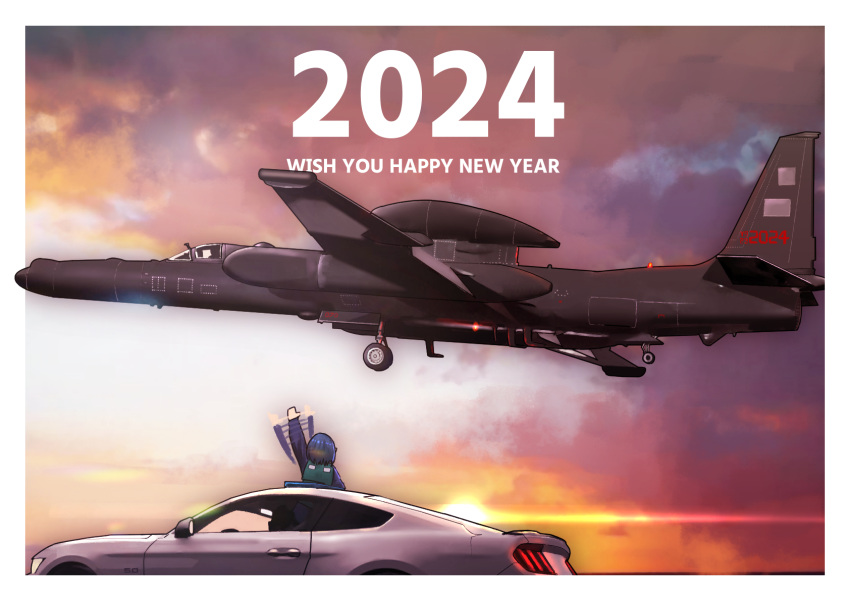 1girl 2024 aircraft airplane blue_hair car clouds cloudy_sky copyright_request english_text flying happy_new_year highres motor_vehicle orange_sky short_hair sky solo timmyyen u-2_dragon_lady vehicle_focus vehicle_request waving wheel