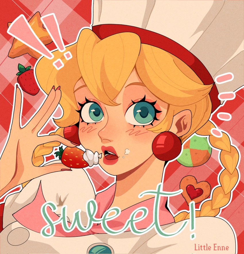 ! !! 1girl artist_name blonde_hair blue_eyes braided_hair_rings chef_hat cookie earrings english_text food fruit hat highres holding holding_food jewelry little_enne looking_at_viewer necktie official_alternate_costume official_alternate_hairstyle open_mouth pastry_chef_peach patterned_background pink_necktie plaid plaid_background portrait princess_peach princess_peach:_showtime! red_background red_lips shirt solo sphere_earrings strawberry super_mario_bros. white_headwear white_shirt