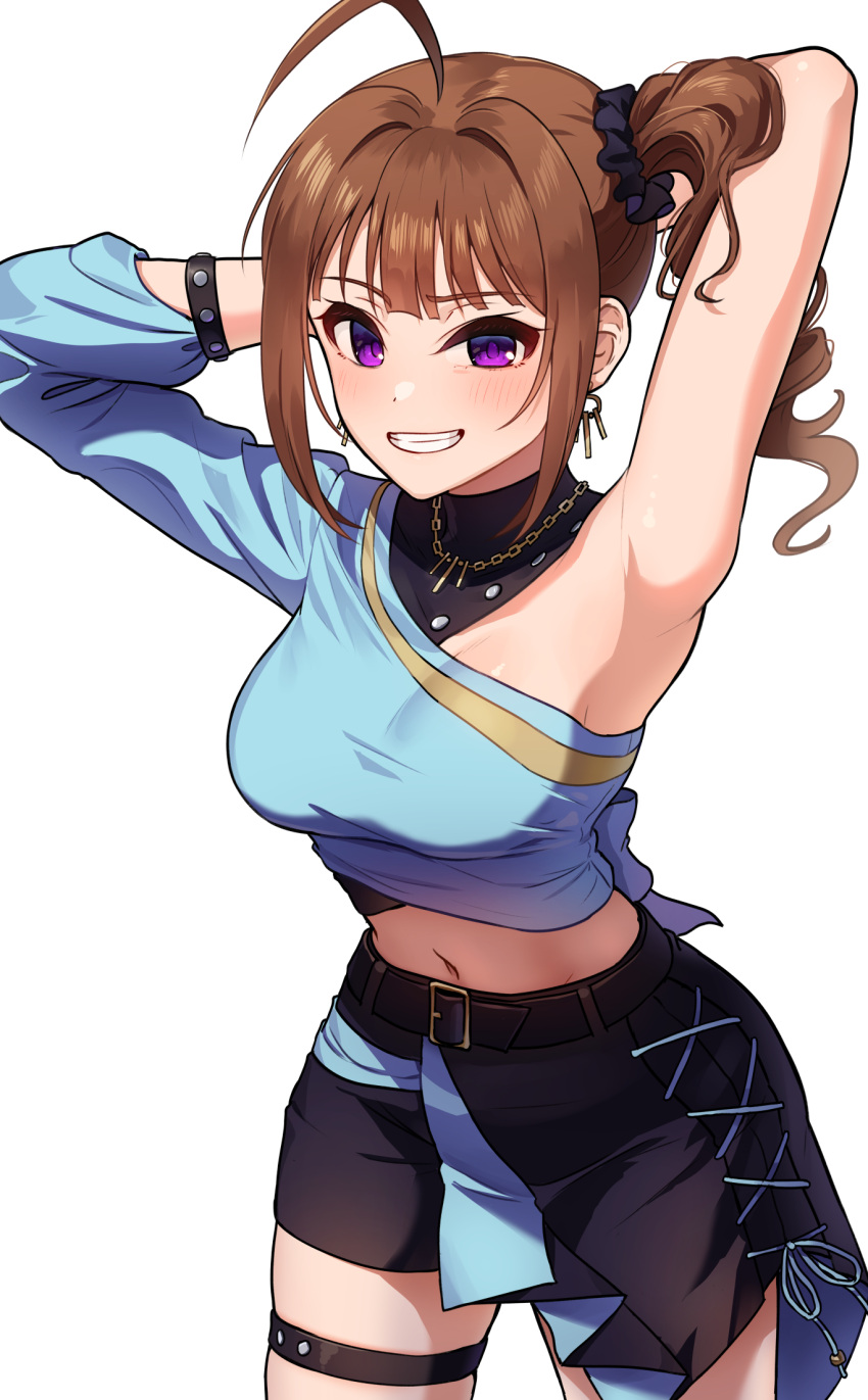 1girl ahoge armpits arms_behind_head arms_up blush breasts brown_hair collarbone commentary_request drill_hair drill_ponytail grin hair_ornament hair_scrunchie highres idolmaster idolmaster_million_live! idolmaster_million_live!_theater_days jewelry kamille_(vcx68) long_hair looking_at_viewer medium_breasts midriff navel scrunchie side_drill side_ponytail sidelocks simple_background smile solo standing stomach teeth thigh_strap violet_eyes white_background yokoyama_nao