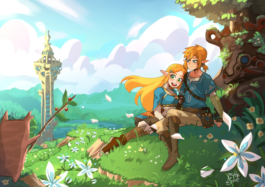 1boy 1girl belt blonde_hair blue_eyes blue_flower blue_sky blue_tunic boots brown_belt brown_footwear brown_gloves brown_pants clouds day fingerless_gloves flower gloves grass grey_hair highres holding holding_stick knee_boots korok link little_enne long_hair looking_at_another medium_hair open_mouth outdoors pants pointy_ears princess_zelda shoulder_belt sitting sky stick teeth the_legend_of_zelda the_legend_of_zelda:_breath_of_the_wild tower tree upper_teeth_only white_flower white_petals
