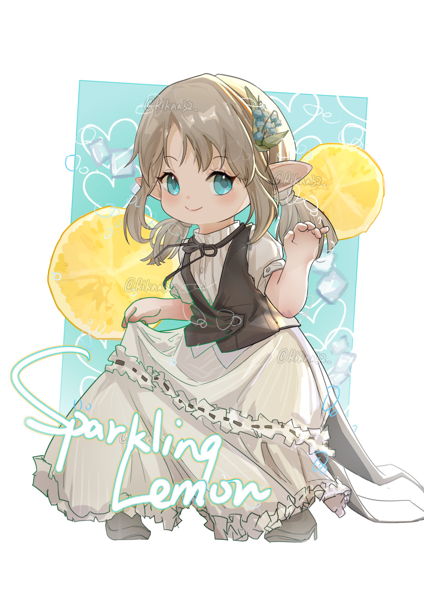 1girl absurdres blonde_hair blue_eyes brown_vest closed_mouth dress english_text final_fantasy final_fantasy_xiv flower food frilled_dress frills fruit hair_flower hair_ornament heart highres holding holding_clothes holding_dress ice ice_cube kazekokakuii lalafell lemon lemon_slice lifted_by_self long_hair looking_at_viewer pointy_ears puffy_short_sleeves puffy_sleeves short_sleeves signature smile solo vest warrior_of_light_(ff14) white_dress