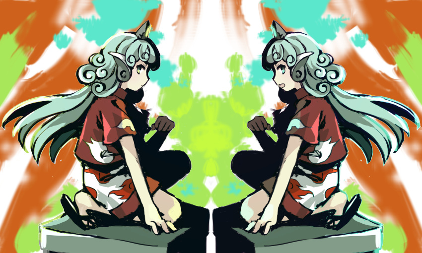 2girls absurdres closed_mouth commentary_request curly_hair green_eyes green_hair grey_horns highres horns kaigen_1025 komano_aunn long_hair multiple_girls on_one_knee open_mouth paw_pose red_shirt red_trim sandals shirt short_sleeves shorts single_horn smile touhou white_shorts