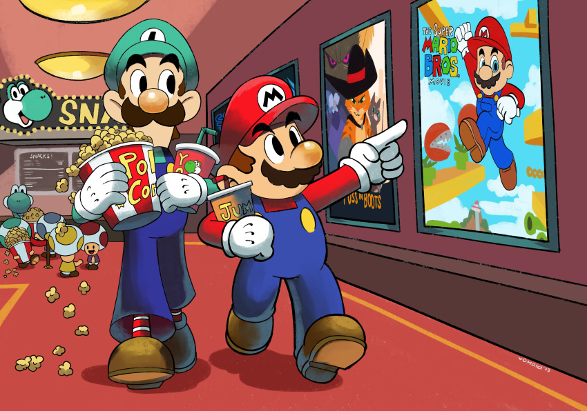 6+boys absurdres blue_eyes blue_overalls blue_toad_(mario) boots brothers brown_footwear brown_hair domestic_maid drink drinking_straw facial_hair food gloves green_headwear green_shirt green_toad_(mario) hat highres holding holding_drink holding_food indoors luigi male_focus mario mario_&amp;_luigi_rpg movie_poster movie_theater multiple_boys mustache overalls pointing popcorn red_carpet red_headwear red_shirt red_socks red_toad_(mario) shirt short_hair siblings socks striped striped_socks super_mario_bros. the_super_mario_bros._movie toad_(mario) two-tone_socks walking white_gloves white_socks yellow_toad_(mario) yoshi