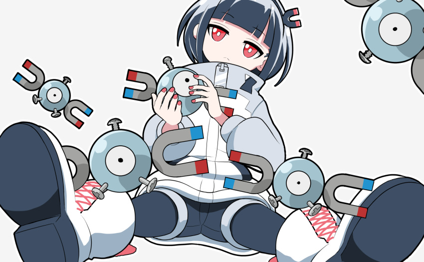 :&lt; black_hair black_hairband black_pantyhose black_shorts boots bright_pupils character_name commentary crossover hairband highres holding holding_pokemon jacket jitomi_monoe long_sleeves looking_at_viewer magnemite magnet onpa_(onpa_sound) pantyhose pokemon pokemon_(creature) red_eyes red_nails shoe_soles short_hair shorts simple_background sitting symbol-only_commentary trait_connection virtual_youtuber voms white_background white_footwear white_pupils zipper_pull_tab