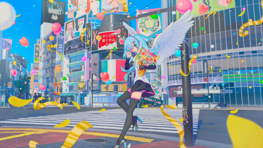 :d absurdres ai_kotoba_iv_(vocaloid) balloon black_footwear black_skirt black_sleeves black_thighhighs blue_hair blue_nails blue_necktie blue_sky blush bouquet building cityscape collared_shirt confetti crosswalk day detached_sleeves dot_nose feathered_wings flower from_side full_body ghost_rule_(vocaloid) grin hair_between_eyes hand_on_own_cheek hand_on_own_face hand_up hatsune_miku heart_balloon high_heels highres holding holding_bouquet hugging_object lamppost long_hair long_sleeves looking_at_viewer miniskirt nail_polish necktie one_eye_closed open_mouth orange_flower outdoors pink_flower pleated_skirt reflection road_sign scenery shirt sidelocks sign skirt sky skyscraper sleeveless sleeveless_shirt smile teeth thigh-highs traffic_light turu twintails utility_pole very_long_hair vocaloid white_shirt white_wings wide_shot winged_footwear wings yellow_flower zettai_ryouiki