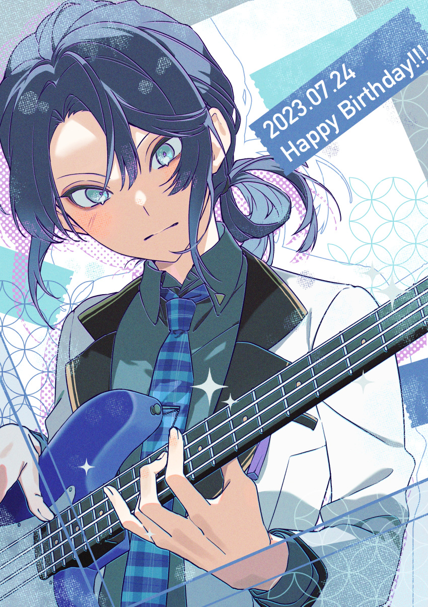 1boy absurdres aqua_eyes blue_necktie collared_shirt commentary_request dated frown green_shirt guitar hair_up happy_birthday highres holding holding_guitar holding_instrument instrument jacket looking_down male_focus music nagao_kei necktie nijisanji plaid_necktie playing_instrument ponytail purple_hair ryou_(rl) shirt solo upper_body virtual_youtuber white_jacket