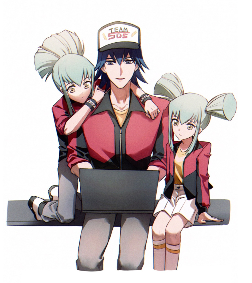 1girl 2boys age_difference arm_around_neck baseball_cap black_headwear black_wristband blue_hair bruno_(yu-gi-oh!) commentary computer green_hair grey_pants hat high_ponytail highres jacket kneehighs kneeling laptop lua_(yu-gi-oh!) luca_(yu-gi-oh!) male_focus multiple_boys naoki_(2rzmcaizerails6) on_lap pants red_jacket shirt short_hair short_ponytail short_twintails shorts sidelocks simple_background sitting socks twintails typing white_background white_footwear white_shorts white_socks yellow_eyes yellow_shirt yu-gi-oh! yu-gi-oh!_5d's
