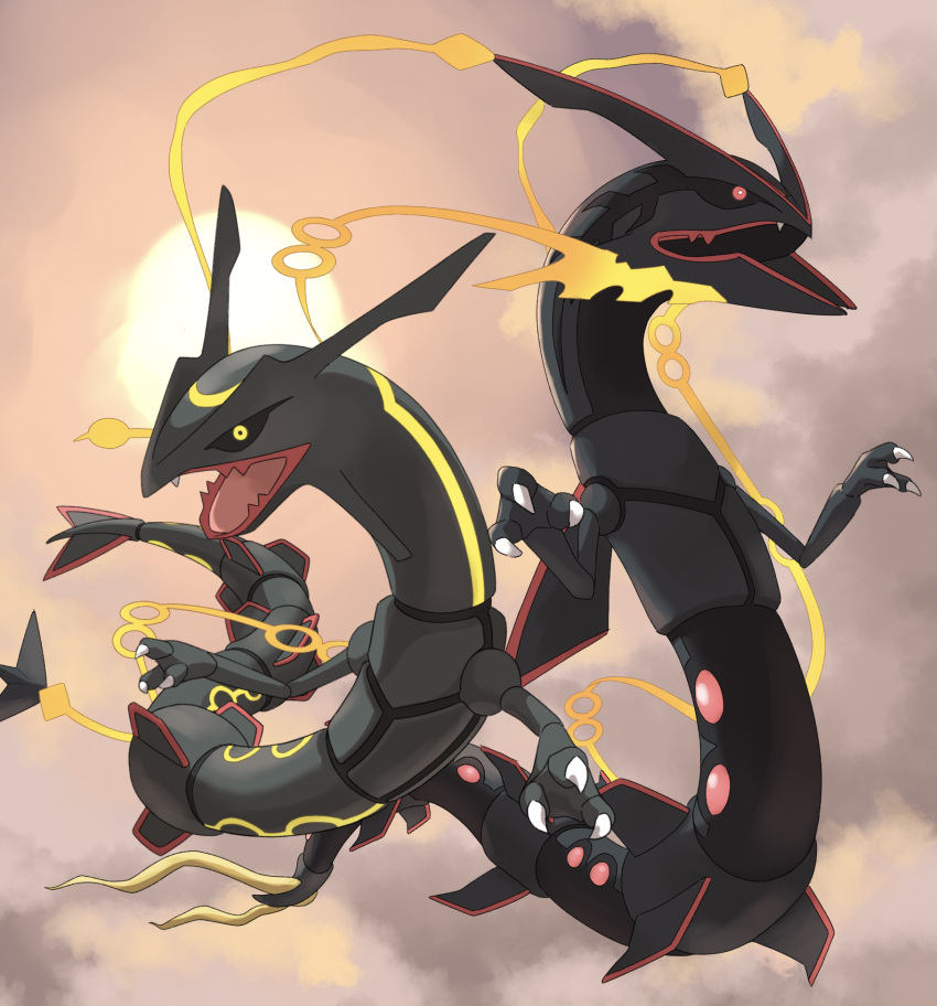 alternate_color black_sclera claws clouds colored_sclera commentary_request day dragon eastern_dragon fang highres mega_rayquaza open_mouth outdoors pokemon rayquaza shiny_pokemon sky sun torikku_(hisuian_zorua) yellow_eyes