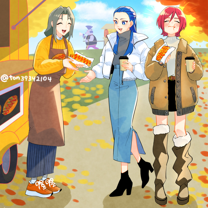 2girls ankle_boots apron autumn_leaves battamonda belt black_footwear black_skirt blue_eyes blue_hair blue_skirt blue_sky boots bright_pupils brown_apron brown_belt brown_footwear brown_jacket casual closed_eyes closed_mouth clouds cloudy_sky coffee_cup commentary cup day denim denim_skirt disposable_cup eating food food_on_face futari_wa_precure_splash_star grey_shirt hair_pulled_back high-waist_skirt highres hirogaru_sky!_precure holding holding_cup holding_food hot_dog in-franchise_crossover jacket kabaton_(precure) kibou_no_chikara_~otona_precure_'23~ kiryuu_kaoru kiryuu_michiru long_hair long_skirt long_sleeves looking_at_another miniskirt multiple_girls open_clothes open_jacket open_mouth outdoors precure red_footwear redhead shirt shoes short_hair side_slit skirt sky smile sneakers sparkle standing standing_on_one_leg sweater thigh_boots ton_(ton39342104) turtleneck twitter_username vending_cart white_jacket white_pupils yellow_sweater