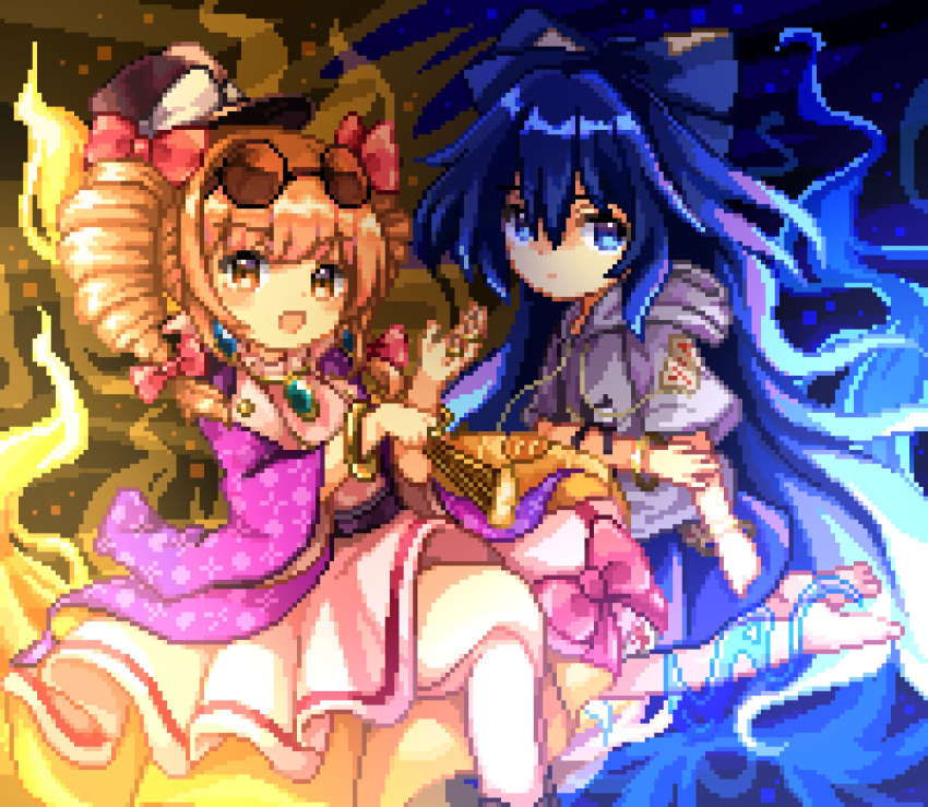 2girls bangle blue_bow blue_eyes blue_fire blue_hair blue_skirt bow bracelet brown_eyes closed_mouth coat crossed_legs doll dress drill_hair earrings eyewear_on_head fire folding_fan grey_hoodie grey_shirt hair_bow hair_ribbon hand_fan hat highres holding holding_fan hood hoodie jewelry light_brown_hair long_hair looking_at_viewer multiple_girls necklace omochinegi open_mouth orange_hair pixel_art puffy_short_sleeves puffy_sleeves purple_coat ribbon round_eyewear shirt short_sleeves sitting skirt smile sunglasses top_hat touhou twin_drills two-tone_background very_long_hair white_dress wide_sleeves yellow_fire yorigami_jo'on yorigami_shion