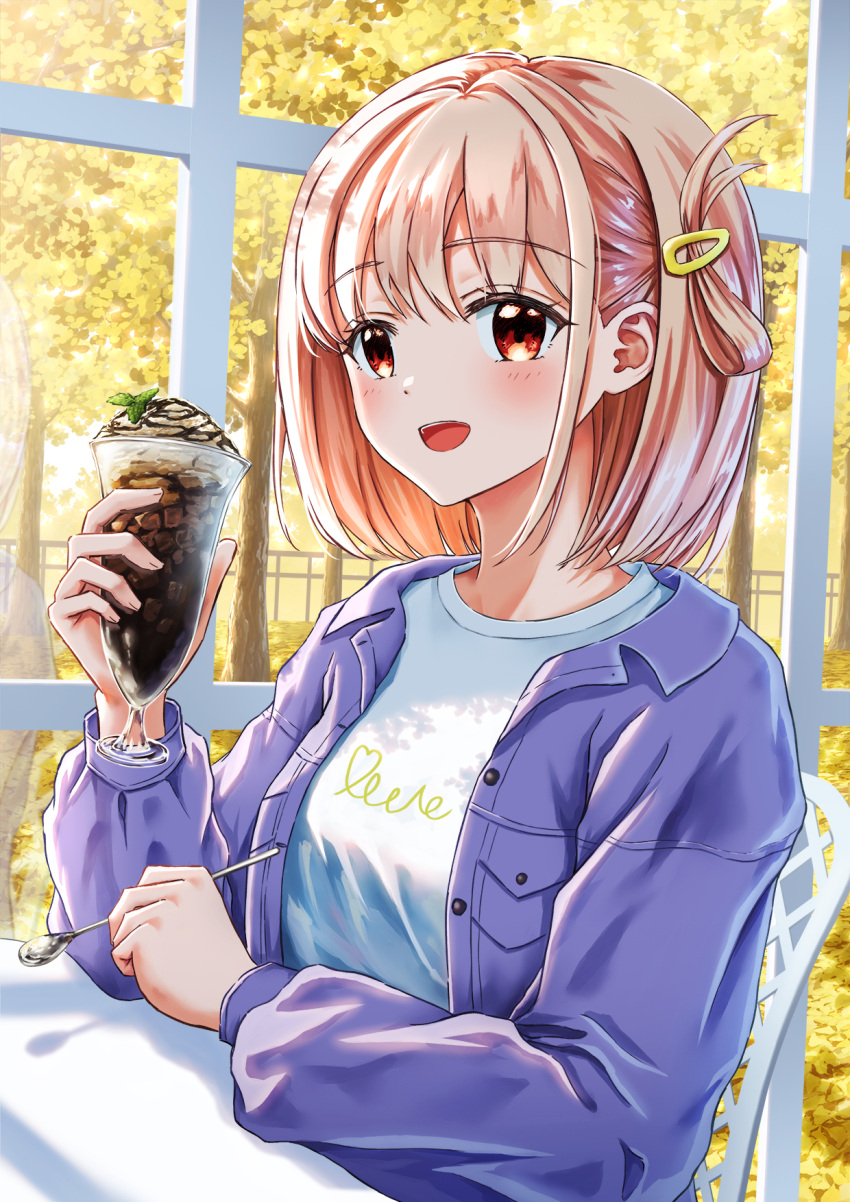 1girl blonde_hair blush chair folded_ponytail food ginkgo_leaf ginkgo_tree hair_ornament hairclip highres holding holding_food holding_spoon jacket leaf long_sleeves looking_at_viewer lycoris_recoil nishikigi_chisato open_mouth orange_eyes parfait short_hair sitting smile solo somu51 spoon tree window