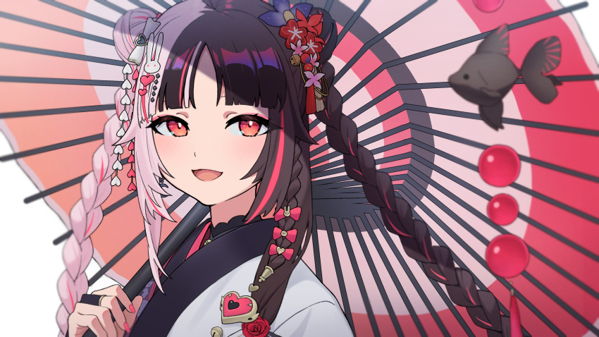 1girl absurdres ahoge bell black_hair blunt_bangs bridal_gauntlets double_bun eyeshadow fingernails flower grey_hair hair_bell hair_bun hair_flower hair_ornament highres holding holding_umbrella japanese_clothes kaninome kimono long_hair looking_at_viewer makeup multicolored_hair nail_polish nijisanji official_alternate_costume open_mouth parted_bangs pink_eyeshadow pink_nails rabbit_hair_ornament red_eyes redhead simple_background smile solo split-color_hair streaked_hair twintails two-tone_hair umbrella virtual_youtuber white_background white_kimono yorumi_rena yorumi_rena_(12th_costume)