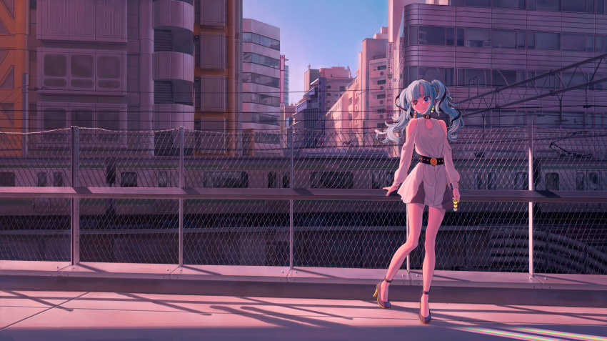 1girl absurdres anklet belt black_belt black_footwear black_ribbon blue_eyes blue_hair blush buckle building chain-link_fence cityscape clothing_cutout dilemma_(vocaloid) dress evening fence foot_up full_body hair_ribbon hatsune_miku heterochromia high_heels highres industrial_pipe jewelry legs_apart long_bangs long_hair outdoors parted_lips power_lines railroad_tracks red_eyes ribbon scenery shadow short_dress shoulder_cutout sign solo teeth train truss turu twintails utility_pole vocaloid white_dress wide_shot