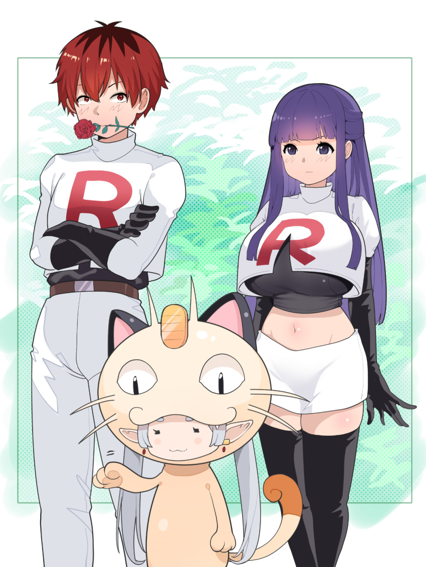 1boy cosplay fern_(sousou_no_frieren) frieren james_(pokemon)_(cosplay) jessie_(pokemon)_(cosplay) meowth_(cosplay) multiple_girls sousou_no_frieren stark_(sousou_no_frieren)