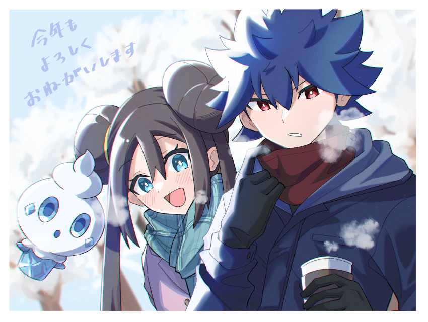 1boy 1girl :d absurdres alternate_costume black_gloves blue_hair border breath bright_pupils brown_hair buttons cup day double_bun eyelashes gloves green_eyes green_scarf hair_bun highres holding holding_cup hugh_(pokemon) jayj_824 long_hair long_sleeves looking_at_viewer open_mouth outdoors parted_lips plaid plaid_scarf pokemon pokemon_(creature) pokemon_bw2 rosa_(pokemon) scarf short_hair sidelocks smile spiky_hair tongue twintails vanillite white_border white_pupils