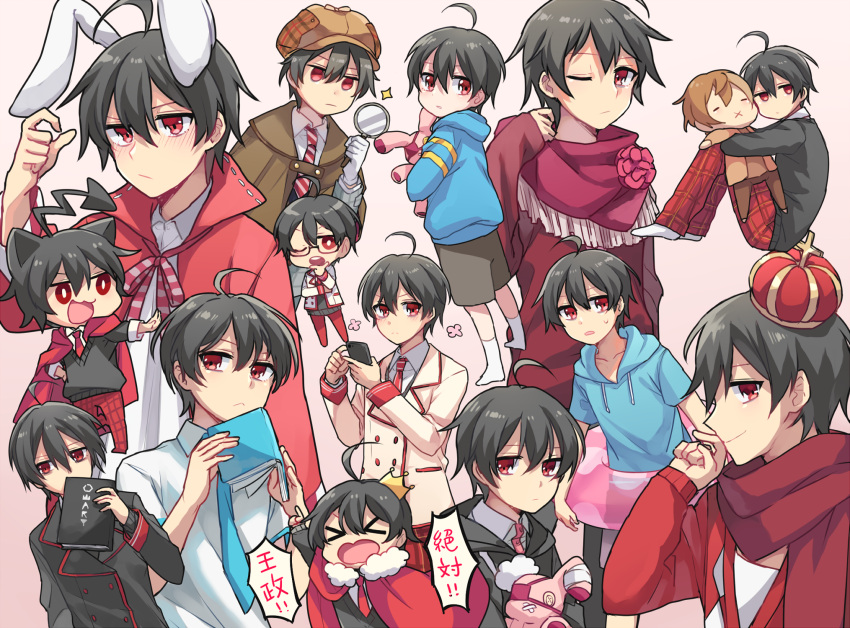 6+boys :x a-ya_(shuuen_no_shiori) aged_down ahoge alternate_costume animal_ears arm_up bespectacled black_hair black_jacket blazer blue_hoodie blue_necktie book bright_pupils brown_capelet brown_hair brown_headwear c-ta cabbie_hat cape capelet cardigan casual cat_ears cellphone character_doll chibi chibi_inset child chinese_commentary closed_mouth collared_shirt colored_eyepatch colored_text commentary_request covered_mouth cowboy_shot cross crown demon_tail double-parted_bangs drawstring expressionless eyepatch fake_animal_ears flower flower_(symbol) fringe_trim from_side full_body fur-trimmed_cape fur_trim glasses greek_cross grey_jacket grey_shorts hair_between_eyes hat highres holding holding_book holding_magnifying_glass holding_phone holding_stuffed_toy hood hood_down hoodie hugging_object innertube jacket long_sleeves looking_ahead looking_at_viewer looking_to_the_side lop_rabbit_ears magnifying_glass male_focus multiple_boys multiple_persona necktie one_eye_closed open_mouth pants phone pink_innertube plaid_headwear rabbit_ears rata_(m40929) rectangular_eyewear red_cape red_cardigan red_eyes red_flower red_headwear red_necktie red_pants red_shawl red_trim school_uniform semi-rimless_eyewear shawl shirt short_hair shorts shouting shuuen_no_shiori_project simple_background sitting smartphone smile socks stuffed_animal stuffed_rabbit stuffed_toy tail translation_request under-rim_eyewear upper_body white_pupils white_shirt white_socks yellow_jacket