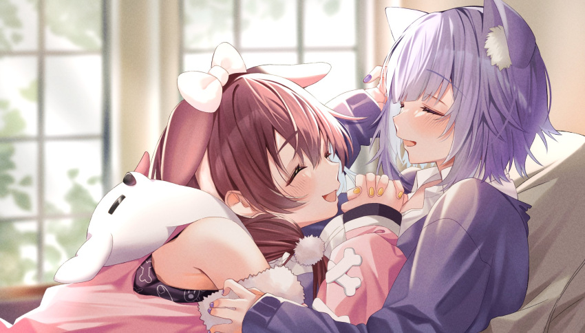 2girls animal_ear_fluff animal_ears black_jacket blush bow_hairband brown_hair cat_girl closed_eyes collared_shirt commentary_request day dog_ears dog_girl extra_ears facing_another fur-trimmed_sleeves fur_trim hair_ornament hairband highres hololive hoso-inu indoors inugami_korone inugami_korone_(4th_costume) jacket long_hair long_sleeves maki_oimo medium_hair multiple_girls nail_polish nekomata_okayu nekomata_okayu_(4th_costume) official_alternate_costume official_alternate_hairstyle open_clothes open_jacket open_mouth own_hands_clasped own_hands_together pink_nails pom_pom_(clothes) pom_pom_hair_ornament purple_hair shirt smile sunlight upper_body virtual_youtuber white_shirt window yellow_nails