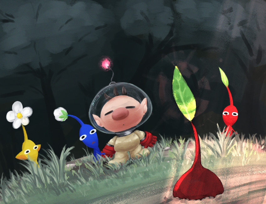 1boy big_nose black_eyes blue_pikmin blue_skin brown_hair bud closed_eyes colored_skin commentary_request flower forest gloves grass hand_on_another's_hand helmet leaf nature no_mouth olimar open_mouth outdoors pikmin_(creature) pikmin_(series) pink_nose pointy_ears pointy_nose radio_antenna red_gloves red_light red_pikmin red_skin short_hair space_helmet spacesuit sprout sunlight triangle_mouth twitter_username usuba_(hatomugip) very_short_hair white_flower yellow_pikmin yellow_skin