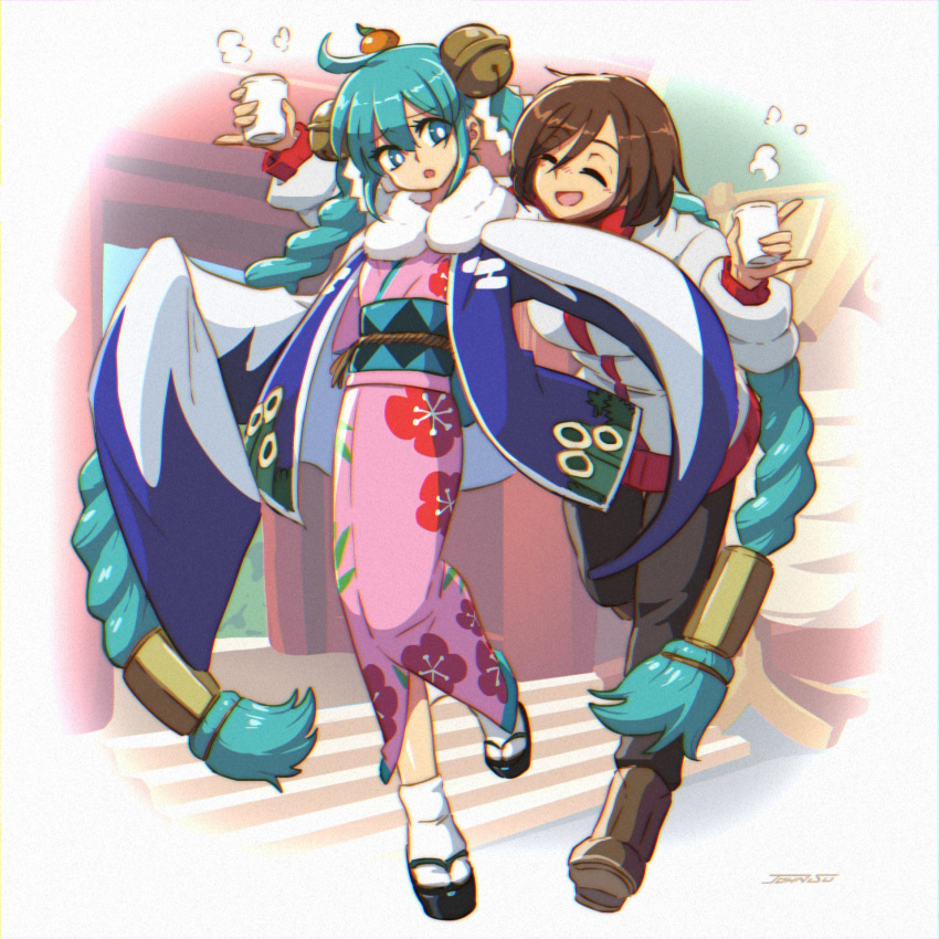 2girls :o ahoge aqua_eyes artist_name bell black_footwear blue_jacket blurry blurry_background boots border braid brown_footwear brown_hair brown_pants cherry_blossom_print closed_eyes commentary cup english_commentary floral_print food fruit fruit_hair_ornament full_body fur-trimmed_jacket fur_trim furrowed_brow geta hair_bell hair_ornament hair_tubes hatsumoude hatsune_miku highres holding holding_cup jacket japanese_clothes jingle_bell john_su kimono leaning_forward long_hair looking_at_another mandarin_orange meiko_(vocaloid) mixed-language_commentary multiple_girls obi open_mouth outstretched_arms pants pink_kimono romaji_commentary sash shide short_hair sleeves_past_fingers sleeves_past_wrists smile socks stairs standing steam torii twin_braids very_long_hair vocaloid white_border white_socks wide_sleeves zouri