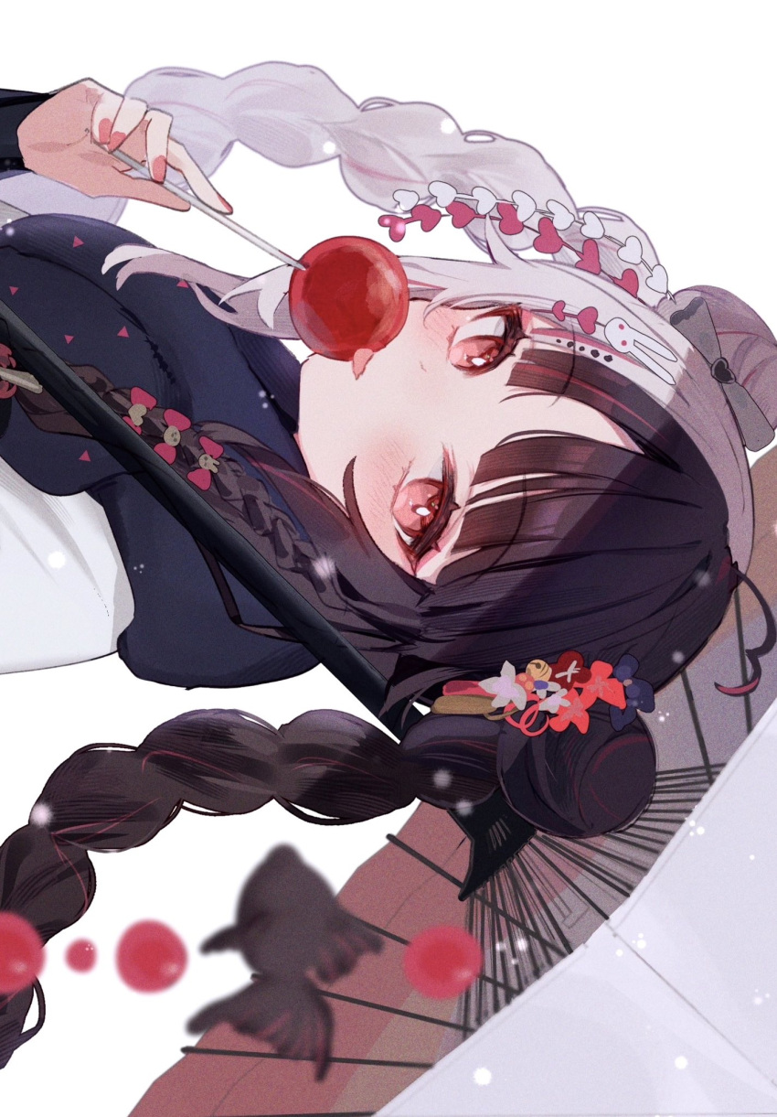 1girl ahoge black_goldfish black_hair braid bright_pupils candy candy_apple double_bun eating eyeshadow fish flower food from_side hair_bun hair_flower hair_ornament hand_up highres holding holding_candy holding_food japanese_clothes kimono long_hair looking_at_viewer makeup multicolored_hair nijisanji official_alternate_costume official_alternate_hairstyle oil-paper_umbrella parted_bangs pink_eyeshadow pink_hair pink_nails rabbit_hair_ornament red_eyes simple_background solo split-color_hair streaked_hair tongue tongue_out twin_braids um5pd umbrella virtual_youtuber white_background white_hair white_kimono white_pupils yorumi_rena yorumi_rena_(12th_costume)