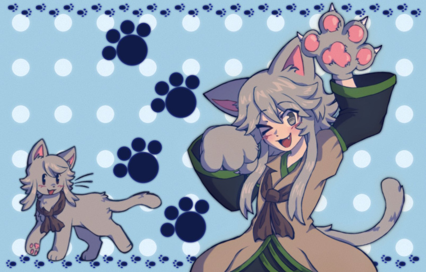 &gt;_o 1other androgynous animal_ears animal_hands animalization arm_up brown_coat brown_neckerchief cat cat_ears cat_tail coat commentary english_commentary fang gift_art gloves grey_cat grey_eyes grey_hair gzpxllztt hand_up highres houlen_yabusame kemonomimi_mode layered_sleeves len'en long_sleeves neckerchief one_eye_closed open_mouth other_focus paw_gloves short_hair_with_long_locks short_over_long_sleeves short_sleeves smile tail