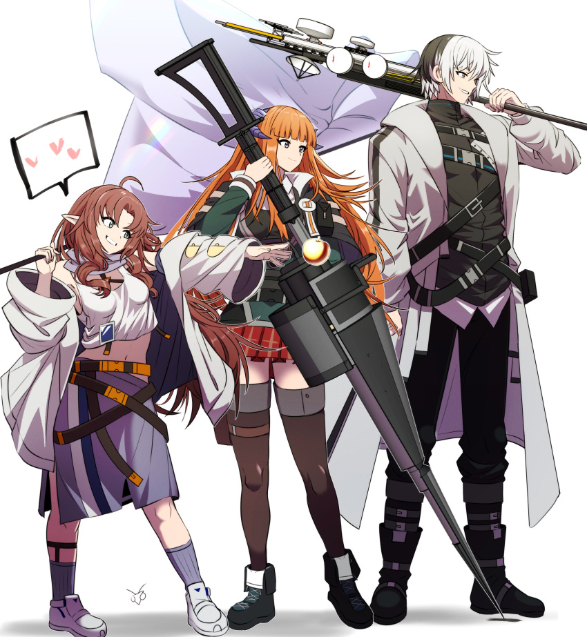 1boy 2girls absurdres ahoge apple arknights artist_logo bagpipe_(arknights) banner belt belt_pouch black_belt black_footwear black_hair black_pants black_shirt black_vest blue_skirt blue_socks blunt_bangs boots breasts brown_hair brown_thighhighs carrying_over_shoulder chest_belt closed_mouth coat commentary cross-laced_footwear dragon_girl dragon_horns elysium_(arknights) english_commentary flag food from_side fruit full_body golden_apple green_eyes green_jacket grey_coat grey_eyes heart highres holding holding_flag holding_polearm holding_weapon horns huge_weapon jacket lance long_hair medium_breasts midriff miniskirt multicolored_hair multiple_belts multiple_girls myrtle_(arknights) navel off_shoulder open_clothes open_coat orange_hair outstretched_arm over_shoulder pants parted_bangs parted_lips pleated_skirt pointy_ears polearm pouch red_skirt samacho shirt shoes short_hair sidelocks simple_background skirt small_breasts smile socks spoken_heart standing tank_top thigh-highs thigh_strap turtleneck two-tone_hair vest violet_eyes weapon weapon_over_shoulder white_background white_coat white_footwear white_hair white_shirt white_tank_top zettai_ryouiki