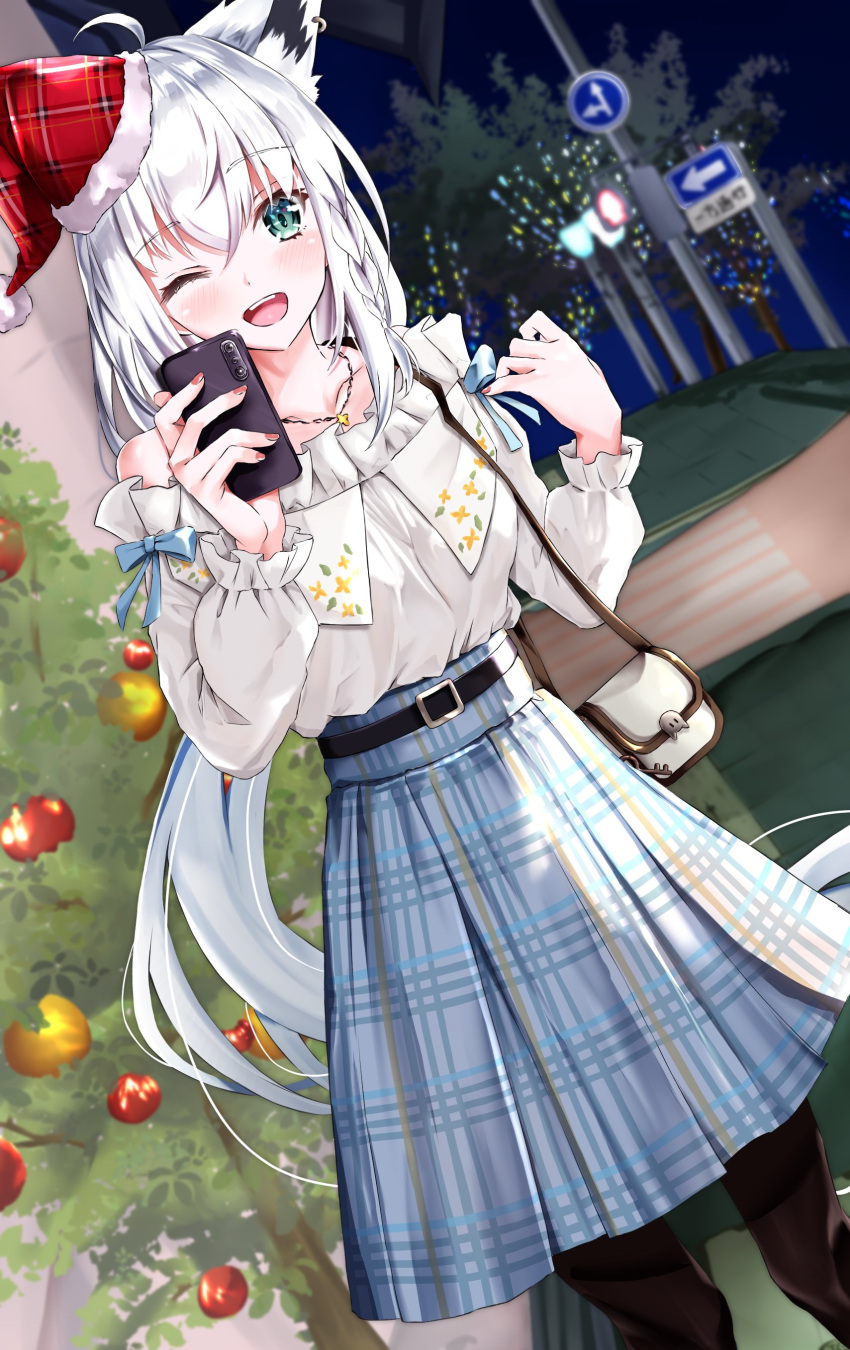 1girl absurdres ahoge animal_ear_fluff animal_ears bag belt black_pantyhose blue_skirt blurry blurry_background blush braid cellphone checkered_clothes checkered_skirt christmas_tree commentary_request dutch_angle earrings fox_ears fox_girl green_eyes hair_between_eyes hat highres holding holding_phone hololive jewelry long_hair looking_at_viewer necklace nick_wong one_eye_closed open_mouth outdoors pantyhose phone red_nails santa_hat shirakami_fubuki shirt shoulder_bag sidelocks single_braid skirt smartphone solo virtual_youtuber white_hair white_shirt