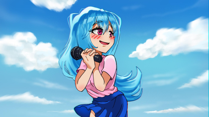 1girl artist_request banner blue_hair blue_sky blush friday_night_funkin' happy heart highres holding looking_to_the_side non-web_source open_mouth pink_eyes shirt skirt sky sky_(friday_night_funkin') smile solo violet_eyes white_shirt