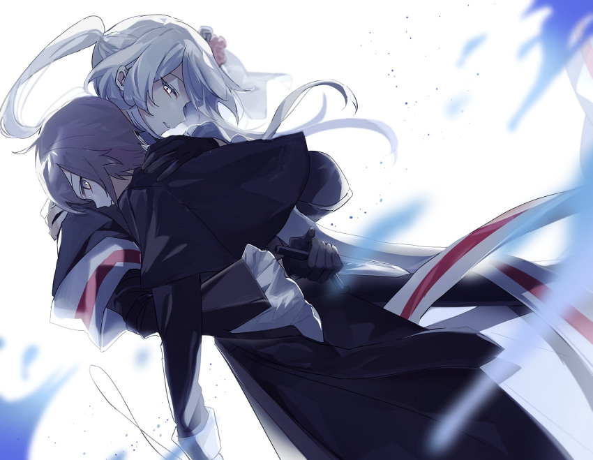 1boy 1girl black_gloves blood blood_splatter blue_blood bright_pupils capelet flower gloves glowing glowing_eyes hair_flower hair_flowing_over hair_ornament haku_eckaran hand_on_another's_shoulder happy_saint_sheol highres holding holding_knife knife looking_at_viewer ok_o_o open_mouth ponytail priest profile puffy_sleeves purple_hair securett_rafe very_long_sleeves white_background white_hair white_pupils