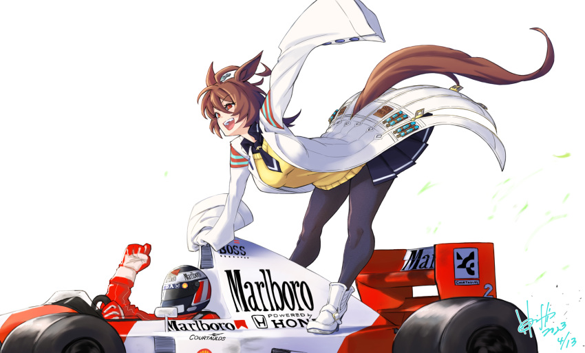 1girl 1other agnes_tachyon_(umamusume) ahoge animal_ears ankle_boots arm_support artist_name black_pantyhose black_shirt black_skirt boots brown_hair car collared_shirt commentary dated ear_covers formula_one highres hori_shin horse_ears horse_girl horse_tail lab_coat leaning_forward long_sleeves looking_to_the_side medium_hair miniskirt motor_vehicle open_mouth pantyhose pleated_skirt race_vehicle racecar red_eyes shirt signature single_ear_cover skirt sleeves_past_wrists smile standing sweater tail umamusume v-neck white_footwear yellow_sweater
