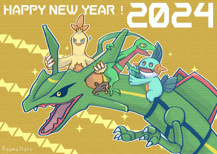 2024 animal_focus black_sclera chinese_zodiac claws colored_sclera colored_skin combusken commentary_request fangs gama3taro green_skin grovyle happy_new_year highres horns joints marshtomp no_humans open_mouth pokemon pokemon_(creature) rayquaza skin_fangs sparkle year_of_the_dragon yellow_background yellow_eyes