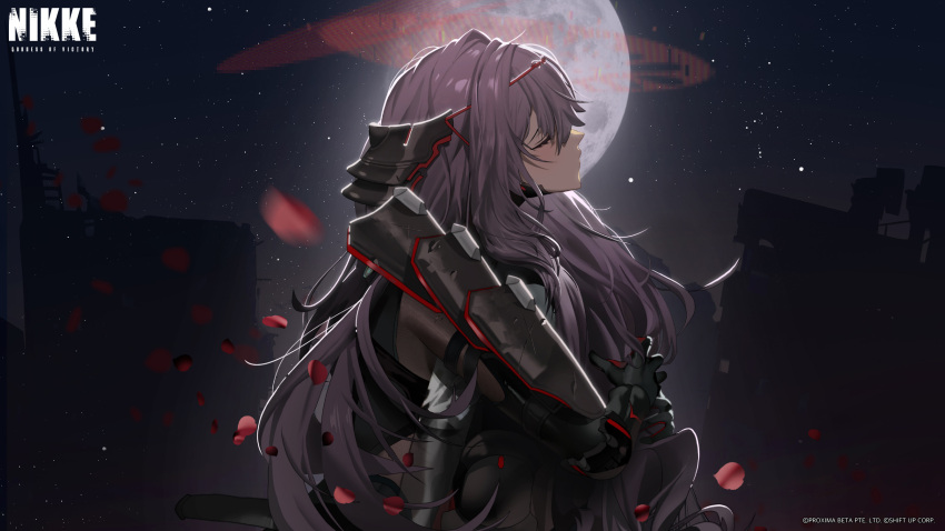 1girl absurdres armor bodysuit closed_eyes closed_mouth copyright_name from_side gloves goddess_of_victory:_nikke halo headgear highres long_hair moon official_art scarlet_(black_shadow)_(nikke)