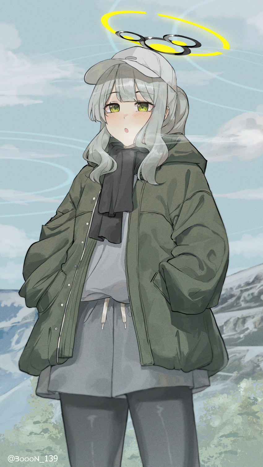 1girl absurdres ai-bon black_pantyhose black_scarf blue_archive blush cowboy_shot day green_eyes green_jacket grey_hair grey_shorts halo hare_(blue_archive) hare_(camp)_(blue_archive) hat highres jacket long_hair long_sleeves official_alternate_costume open_clothes open_jacket open_mouth outdoors pantyhose ponytail scarf shorts solo white_headwear