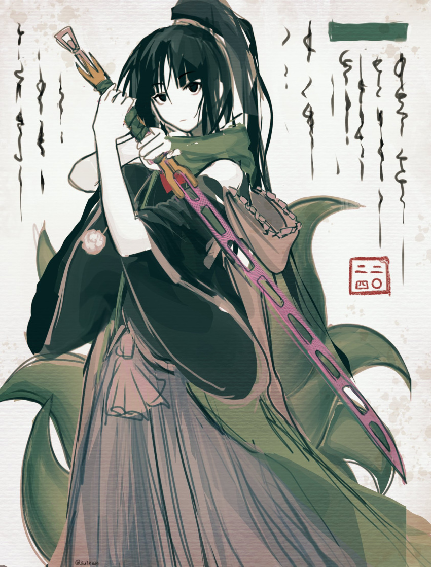 1other adagumo_no_yaorochi androgynous bare_shoulders black_eyes black_hair black_shirt black_sleeves blunt_bangs cape closed_mouth coat commentary_request detached_sleeves euthan expressionless feet_out_of_frame frilled_cape green_coat green_scarf hair_between_eyes hair_ornament hair_scrunchie hakama hakama_pants highres holding holding_sword holding_weapon japanese_clothes len'en long_hair long_sleeves looking_at_viewer multiple_tails neckerchief open_clothes open_coat other_focus pale_skin pants pink_cape pom_pom_(clothes) purple_hakama purple_pants red_neckerchief scarf scrunchie shirt side_ponytail sleeveless sleeveless_coat sleeveless_shirt snake_tail solo sword sword_of_kusanagi tail tasouken text_background weapon white_background wide_sleeves