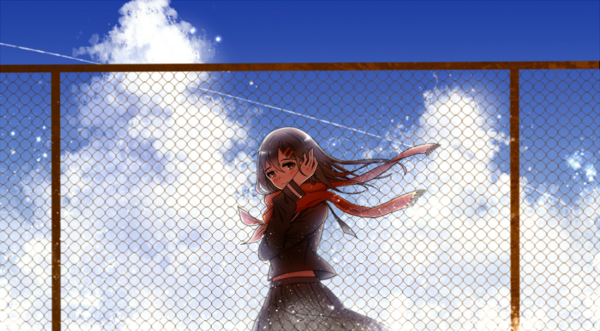 1girl arm_up black_serafuku black_shirt black_skirt blue_sky blush brown_eyes brown_hair chain-link_fence closed_mouth clouds commentary_request contrail cowboy_shot day english_commentary fence floating_scarf from_side hand_on_own_head highres kagerou_project light_particles light_smile long_hair long_sleeves looking_at_viewer looking_to_the_side majiang midriff_peek mixed-language_commentary neckerchief outdoors pleated_skirt red_scarf scarf school_uniform serafuku shirt skirt sky solo summertime_record_(vocaloid) tateyama_ayano white_neckerchief wind winter_uniform