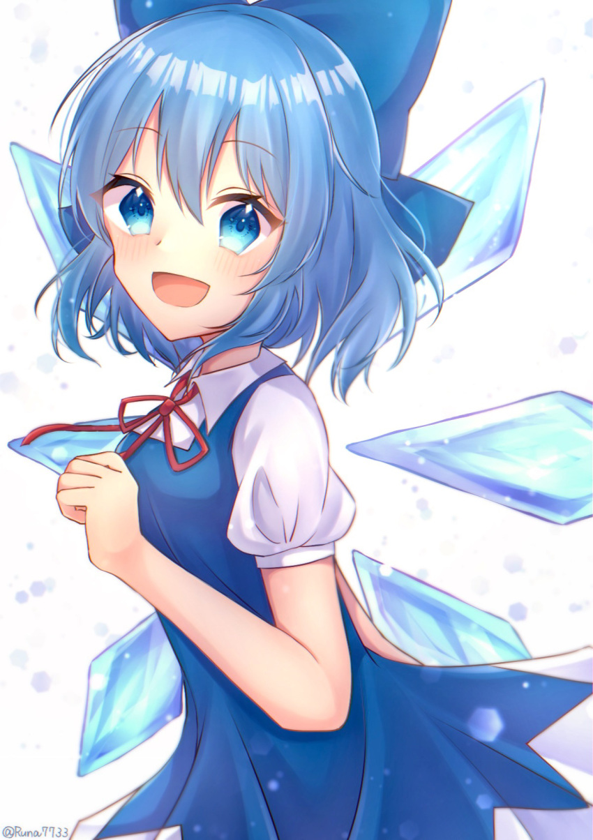 1girl blue_bow blue_dress blue_eyes blue_hair blush bow cirno collared_shirt cowboy_shot detached_wings dress from_side hair_between_eyes hair_bow happy highres ice ice_wings looking_at_viewer looking_to_the_side medium_hair neck_ribbon open_mouth pinafore_dress red_ribbon ribbon runa_(runa7733) shirt sleeveless sleeveless_dress smile solo touhou white_shirt wings