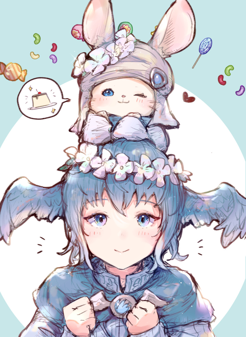 1girl 1other absurdres animal_ears animal_on_head blue_cape blue_dress blue_eyes blue_hair blue_wings breasts candy cape clenched_hands dress final_fantasy final_fantasy_xiv flower food gem hair_flower hair_ornament hat hat_flower head_wings heart highres jelly_bean light_blush lollipop long_bangs loporrit meteion mokokoiro on_head one_eye_closed pudding rabbit rabbit_ears rabbit_on_head simple_background small_breasts smile turban white_headwear wings wrapped_candy