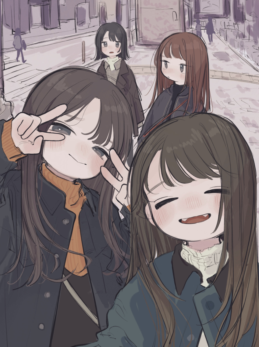 absurdres black_eyes black_hair blush brown_hair closed_eyes closed_mouth day double_v fangs highres jacket long_hair long_sleeves looking_at_viewer multiple_girls open_clothes open_jacket open_mouth original outdoors selfie short_hair sweater turtleneck turtleneck_sweater v v_over_eye yunoki_itsugu