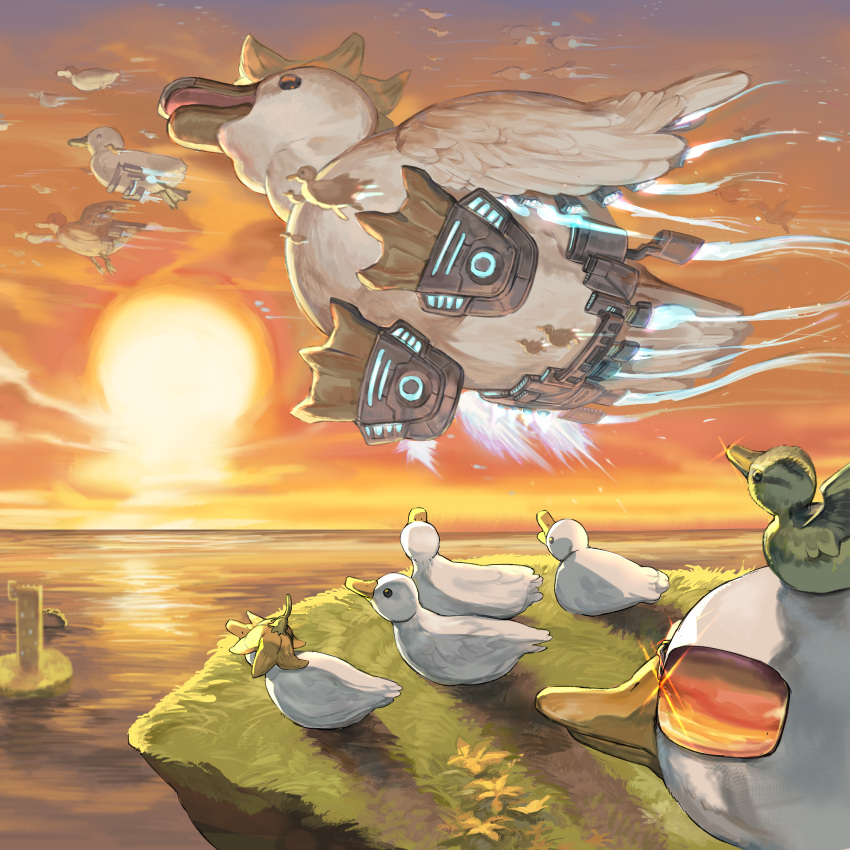 absurdres animal bird cliff commentary duck duckling flying grass highres level-00 no_humans ocean orange_sky original outdoors oversized_animal sky sun sunglasses symbol-only_commentary twilight water