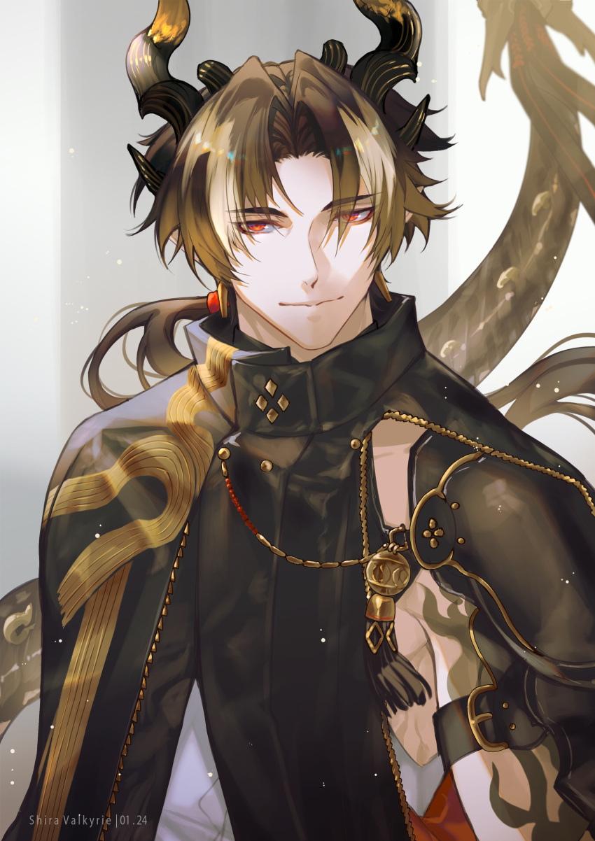 1boy arknights arm_tattoo armpit_crease artist_name black_jacket border brown_hair chong_yue_(arknights) commentary dated dragon_boy dragon_horns dragon_tail english_commentary grey_background highres horns jacket long_hair looking_at_viewer male_focus multicolored_hair muscular muscular_male ponytail red_eyes shirashura shirt smile solo streaked_hair tail tattoo upper_body white_shirt
