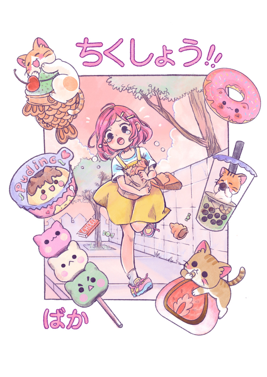1girl absurdres ahoge angelfish_art animal-themed_food bag black_eyes blue_sleeves blush_stickers candy child chocolate chocolate_bar commentary crying crying_with_eyes_open dango doughnut dress english_commentary eyelashes food fruit full_body groceries grocery_bag highres holding holding_bag leg_up looking_at_viewer loose_hair_strand mochi notice_lines open_mouth orange_bag original outdoors pink_footwear pink_hair procreate_(medium) pudding running sanshoku_dango shirt shirt_under_dress shoes shopping_bag short_hair short_sleeves shoulder_bag sidewalk single_stripe sleeveless sleeveless_dress sneakers socks solo spill strawberry strawberry_slice striped striped_shirt striped_sleeves sunset t-shirt takoyaki teardrop tears translation_request tree two-tone_sleeves wagashi white_background white_shirt white_sleeves white_socks yellow_dress