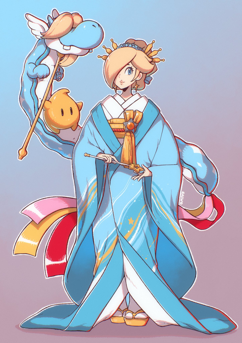 1girl ancient_dragon_(mario) blonde_hair blue_background blue_eyes blue_kimono brooch chinese_zodiac dragon earrings eastern_dragon full_body gradient_background hair_ornament hair_over_one_eye highres holding holding_wand japanese_clothes jewelry kimono looking_at_viewer luma_(mario) pink_background rosalina saiwo_(saiwoproject) sandals socks solo star_(symbol) star_brooch star_earrings super_mario_bros. updo wand white_socks year_of_the_dragon