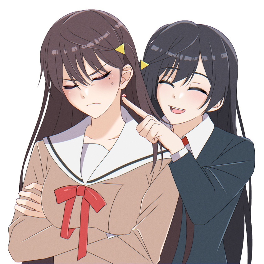 2girls amakuma arms_under_breasts bang_dream! bang_dream!_it's_mygo!!!!! black_hair black_jacket breasts brown_dress brown_hair closed_eyes closed_mouth collarbone collared_shirt crossed_arms dress english_commentary frown hanasakigawa_school_uniform highres jacket long_hair long_sleeves love_live! love_live!_nijigasaki_high_school_idol_club medium_breasts mole mole_under_eye multiple_girls neck_ribbon nijigasaki_academy_school_uniform red_ribbon ribbon sailor_collar school_uniform shiina_taki shirt sidelocks teasing teeth upper_body upper_teeth_only v-shaped_eyebrows voice_actor_connection white_background white_sailor_collar white_shirt winter_uniform yuuki_setsuna_(love_live!)