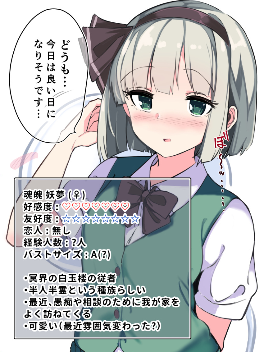 1girl arm_behind_back black_bow black_bowtie black_hairband blush bob_cut bow bowtie collared_shirt commentary_request eyelashes fuji_norihiro green_eyes green_hair green_vest hair_bow hairband hand_up highres konpaku_youmu konpaku_youmu_(ghost) looking_at_viewer nose_blush open_mouth partial_commentary shirt short_hair short_sleeves shy simple_background solo sound_effects speech_bubble touhou translated upper_body vest white_background white_shirt