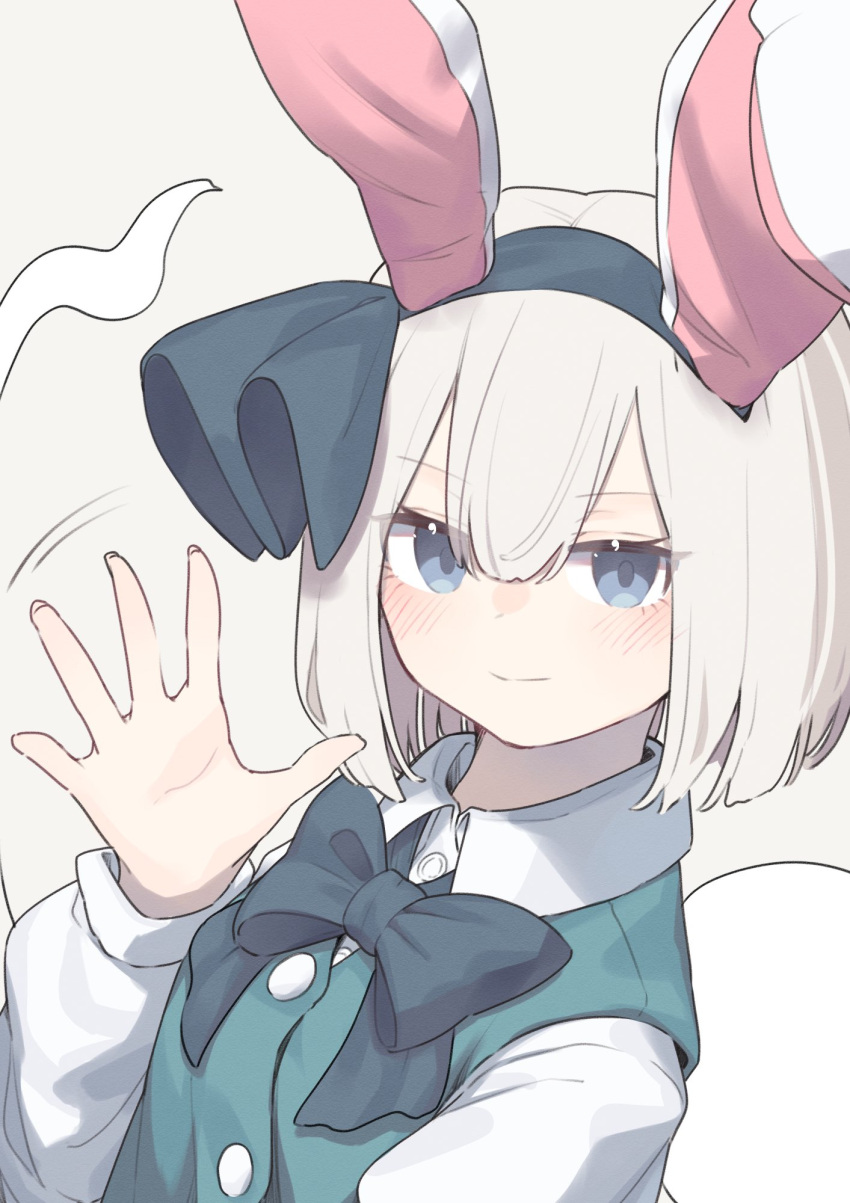 1girl animal_ears black_bow black_bowtie black_hairband black_ribbon blue_eyes blush bow bowtie buttons closed_mouth collared_shirt commentary_request fake_animal_ears fingernails garasuno ghost green_vest grey_background hair_between_eyes hairband hand_up highres hitodama konpaku_youmu konpaku_youmu_(ghost) long_fingernails long_sleeves looking_at_viewer puffy_long_sleeves puffy_sleeves rabbit_ears ribbon shirt short_hair simple_background smile solo standing touhou upper_body vest white_hair white_shirt