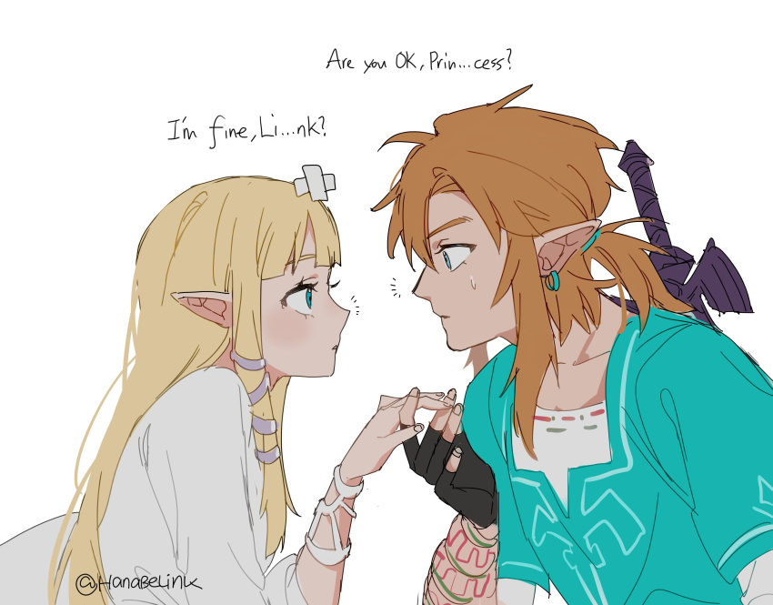 1boy absurdres bandaid bandaid_on_head blonde_hair blue_eyes blue_tunic blush champion's_tunic_(zelda) crossed_bandaids dress earrings eye_contact hair_ornament hanabelink highres holding_hands jewelry link long_hair looking_at_another pointy_ears ponytail princess_zelda spiky_hair the_legend_of_zelda the_legend_of_zelda:_breath_of_the_wild the_legend_of_zelda:_skyward_sword time_paradox