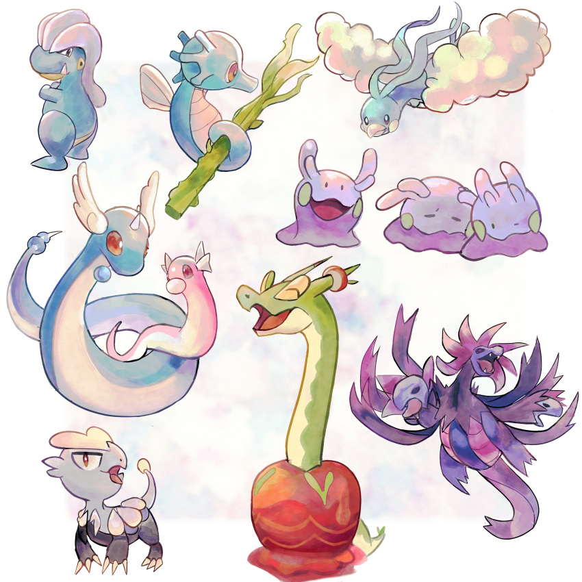 absurdres altaria alternate_color animal_focus apple bagon beak black_eyes claws closed_eyes closed_mouth clouds colored_skin commentary dragonair dratini fang fangs fish food fruit goomy green_skin head_wings highres horns horsea hydrapple hydreigon jangmo-o kelp no_humans open_mouth pokemon pokemon_(creature) purple_skin red_eyes seahorse shiny_pokemon simple_background skin_fangs snake solid_oval_eyes spyg standing tail white_background wings worm yellow_eyes